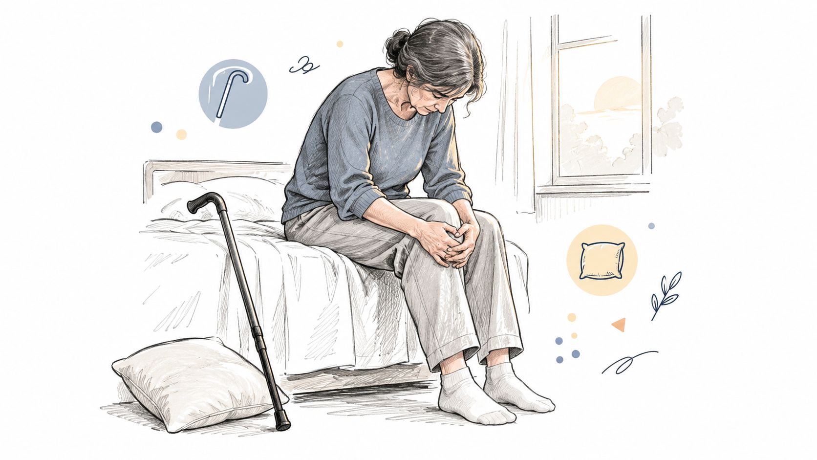 An elderly woman sits on the edge of her bed clutching her knee in pain while looking down.