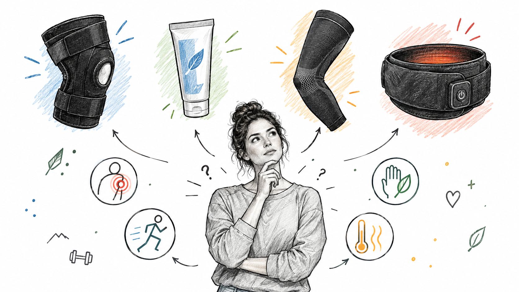A woman contemplating various joint pain relief products including knee braces, topical creams, and heating devices.