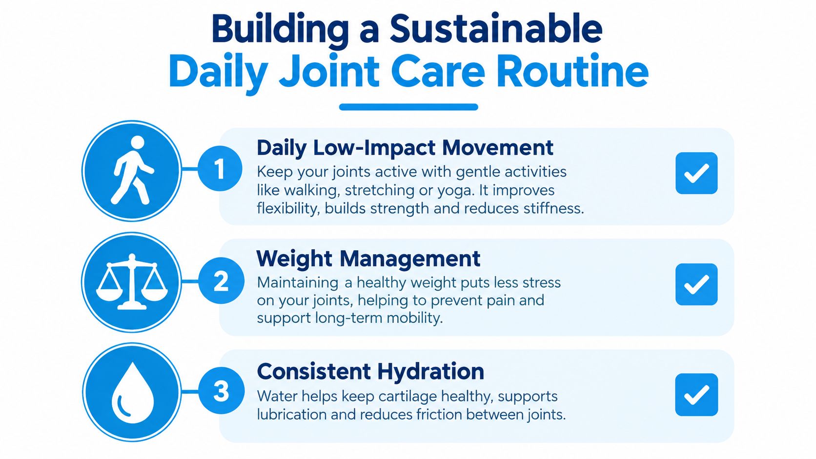 An infographic titled Building a Sustainable Daily Joint Care Routine listing three tips for joint health.