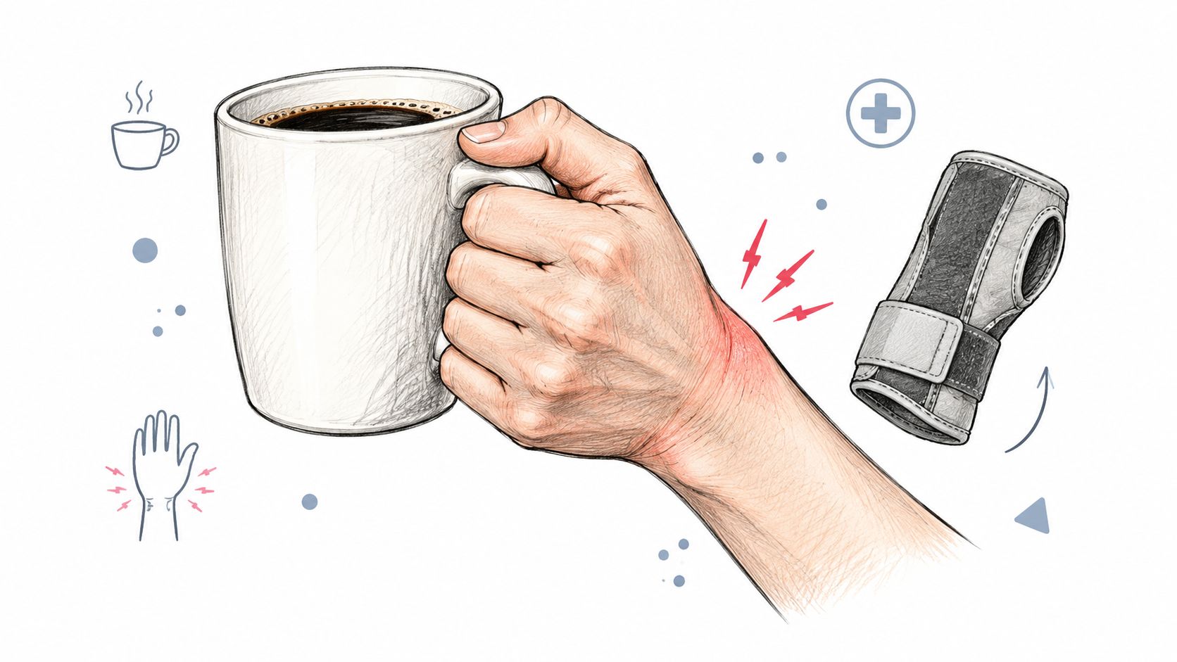 A hand holding a coffee mug while experiencing wrist pain, depicted alongside a wrist brace illustration.