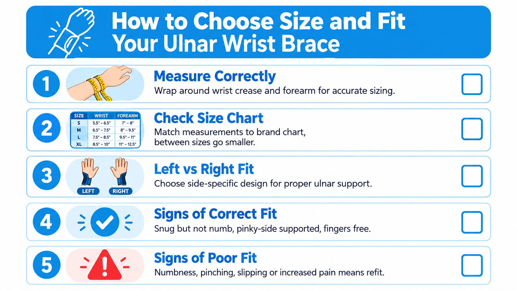 An infographic titled How to Choose Size and Fit Your Ulnar Wrist Brace, detailing five steps for proper brace selection.