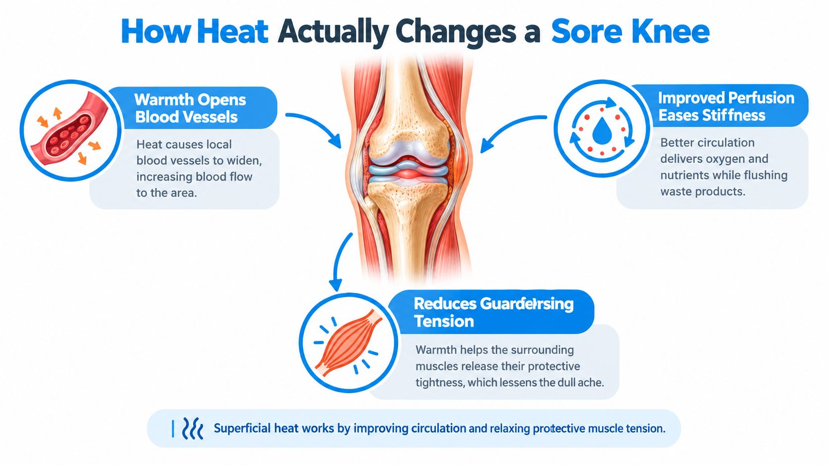 An infographic illustrating how heat therapy helps reduce knee pain through increased circulation and muscle relaxation.