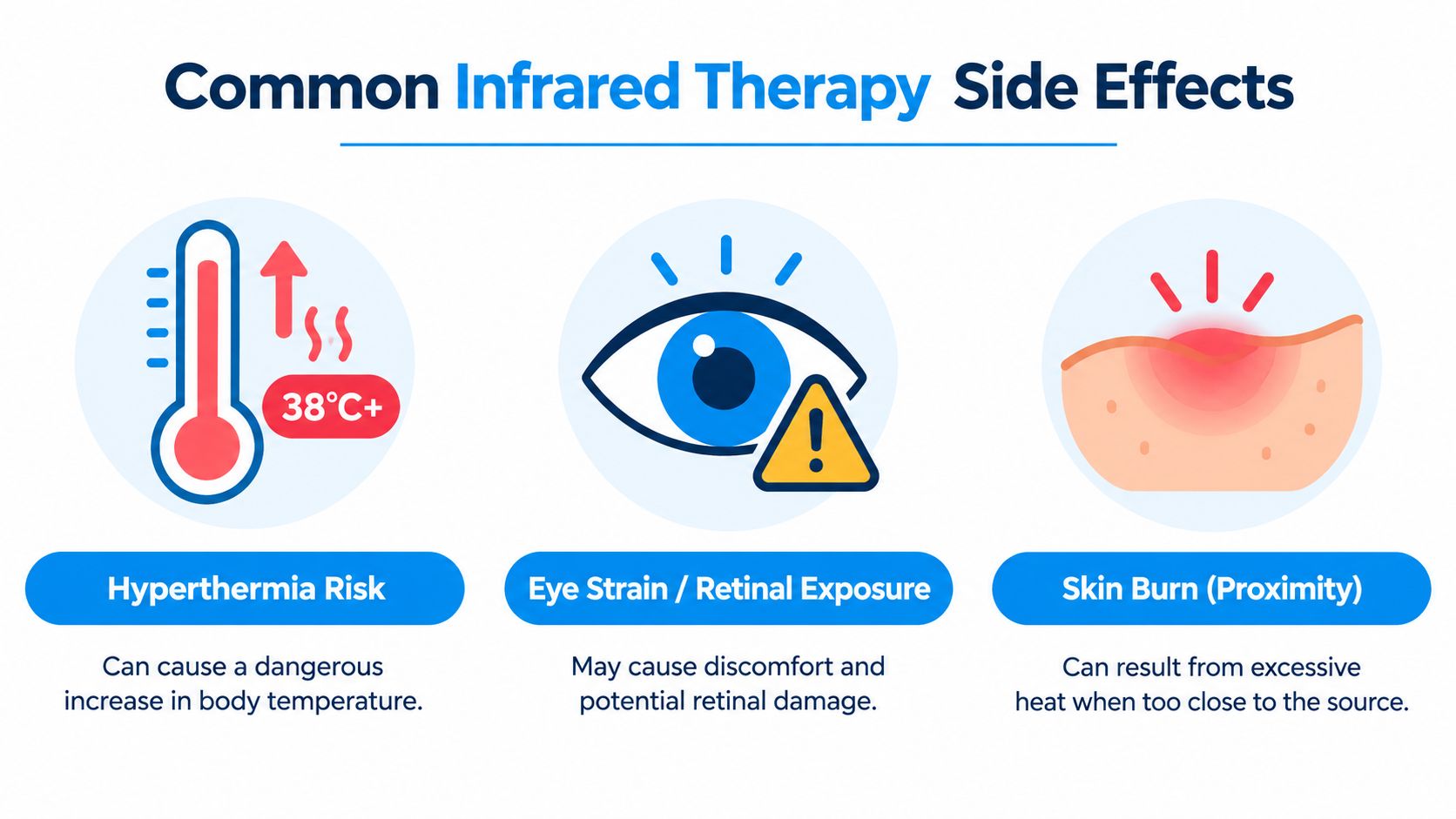 An infographic illustrating common side effects of infrared therapy including hyperthermia, eye strain, and skin burns.