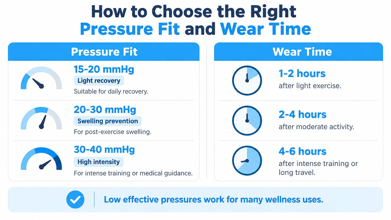A chart showing guidelines for pressure fit and wear time for recovery compression garments based on activity levels.