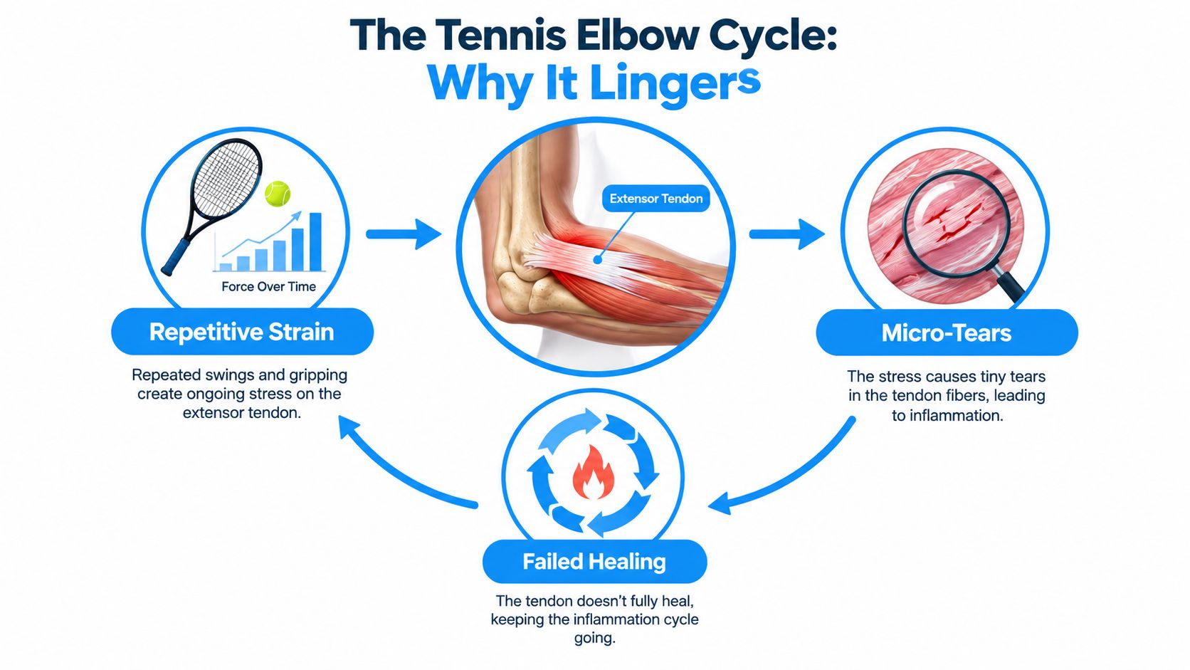 A cyclical diagram illustrating why tennis elbow persists, covering repetitive strain, micro-tears in the tendon, and failed healing.