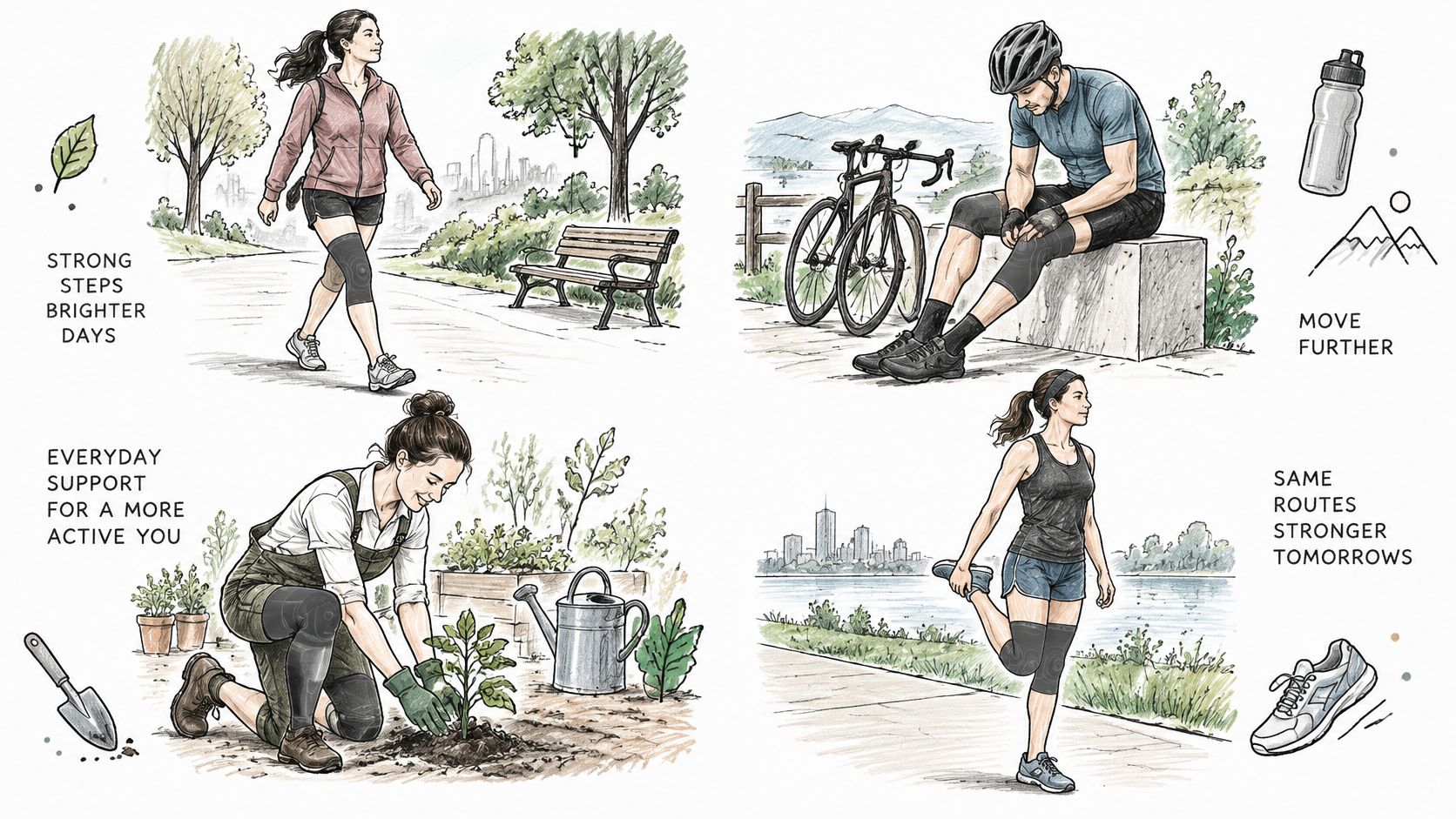 A collage showing individuals using knee support sleeves while walking, cycling, gardening, and stretching outdoors.