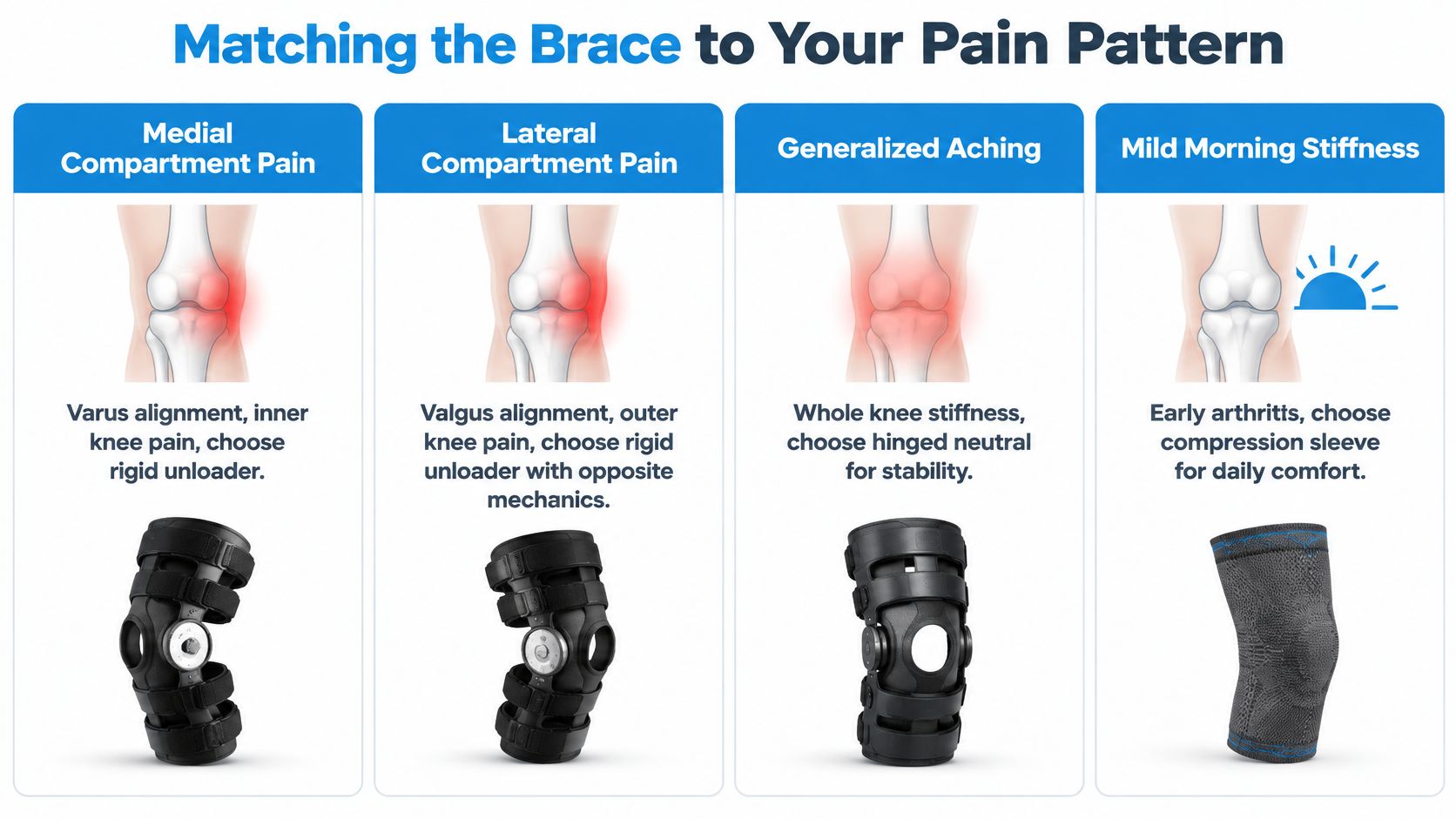 A chart comparing different types of knee braces based on pain patterns and knee alignment types.