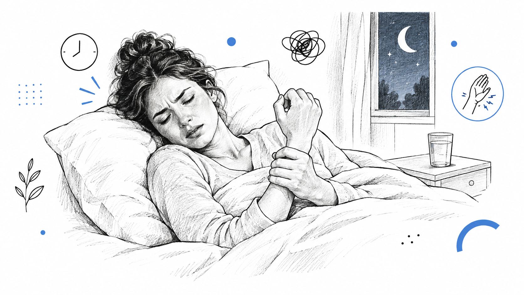 A woman lying in bed at night holding her painful wrist, expressing discomfort and sleep disruption.