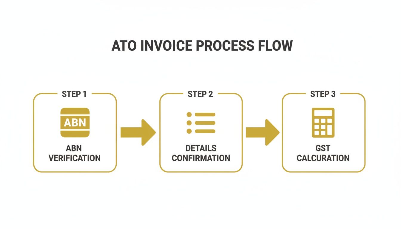ATO invoice process flow diagram illustrating three steps: ABN verification, details confirmation, and GST calculation.