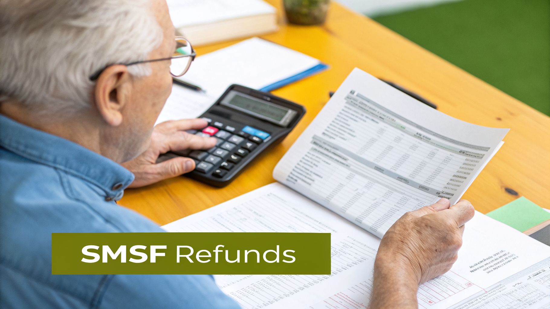 Elderly man reviews financial documents and uses a calculator, with text 'SMSF Refunds'.
