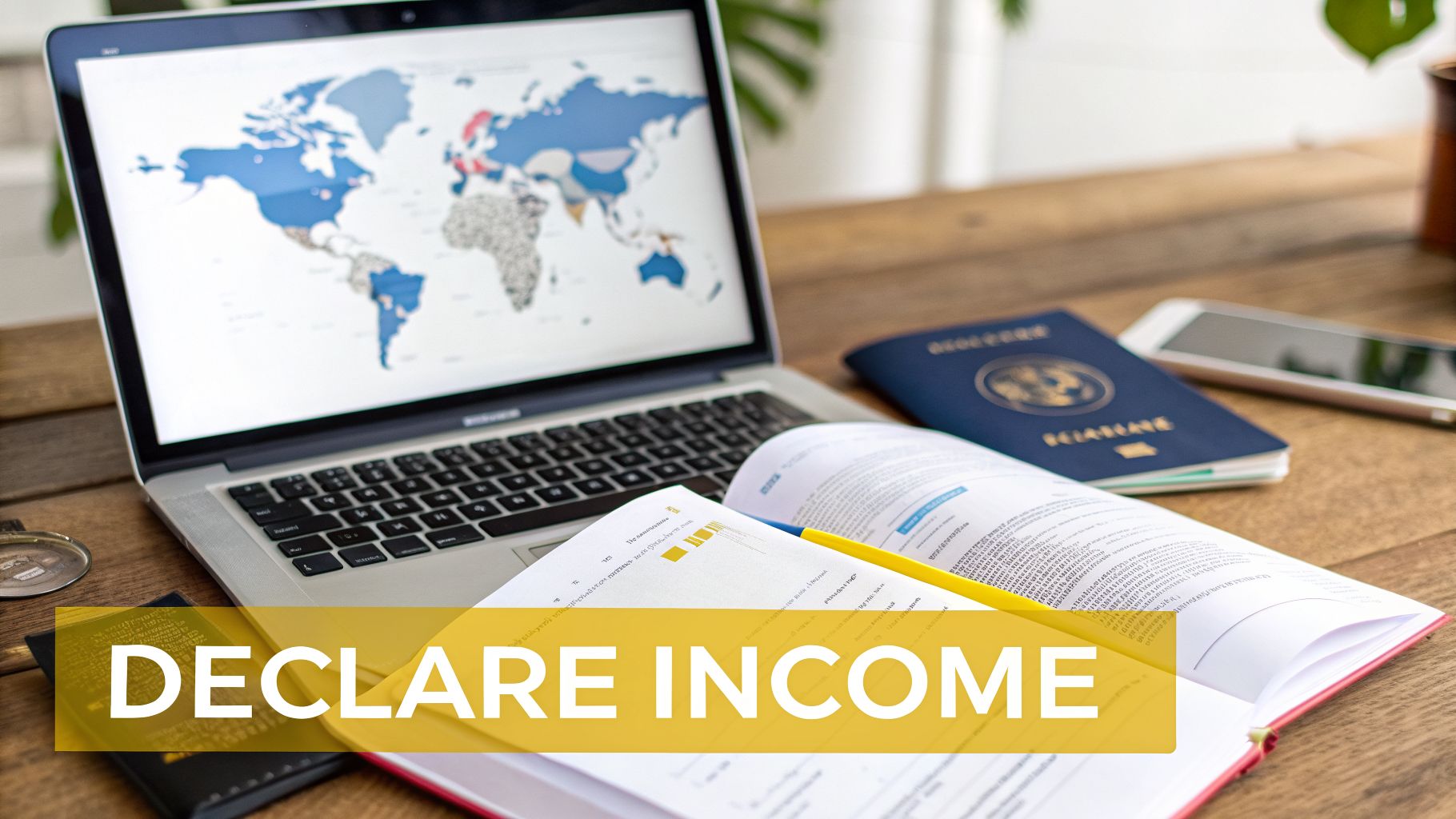 Laptop displaying world map, open documents, passport, and smartphone on a wooden desk for global income declaration.