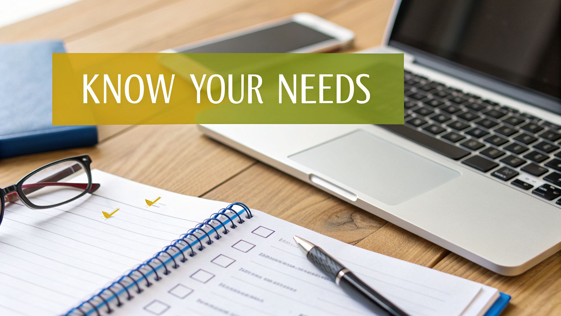 A top-down view of a wooden desk with a laptop, notebook, pen, glasses, and a banner saying "KNOW YOUR NEEDS".