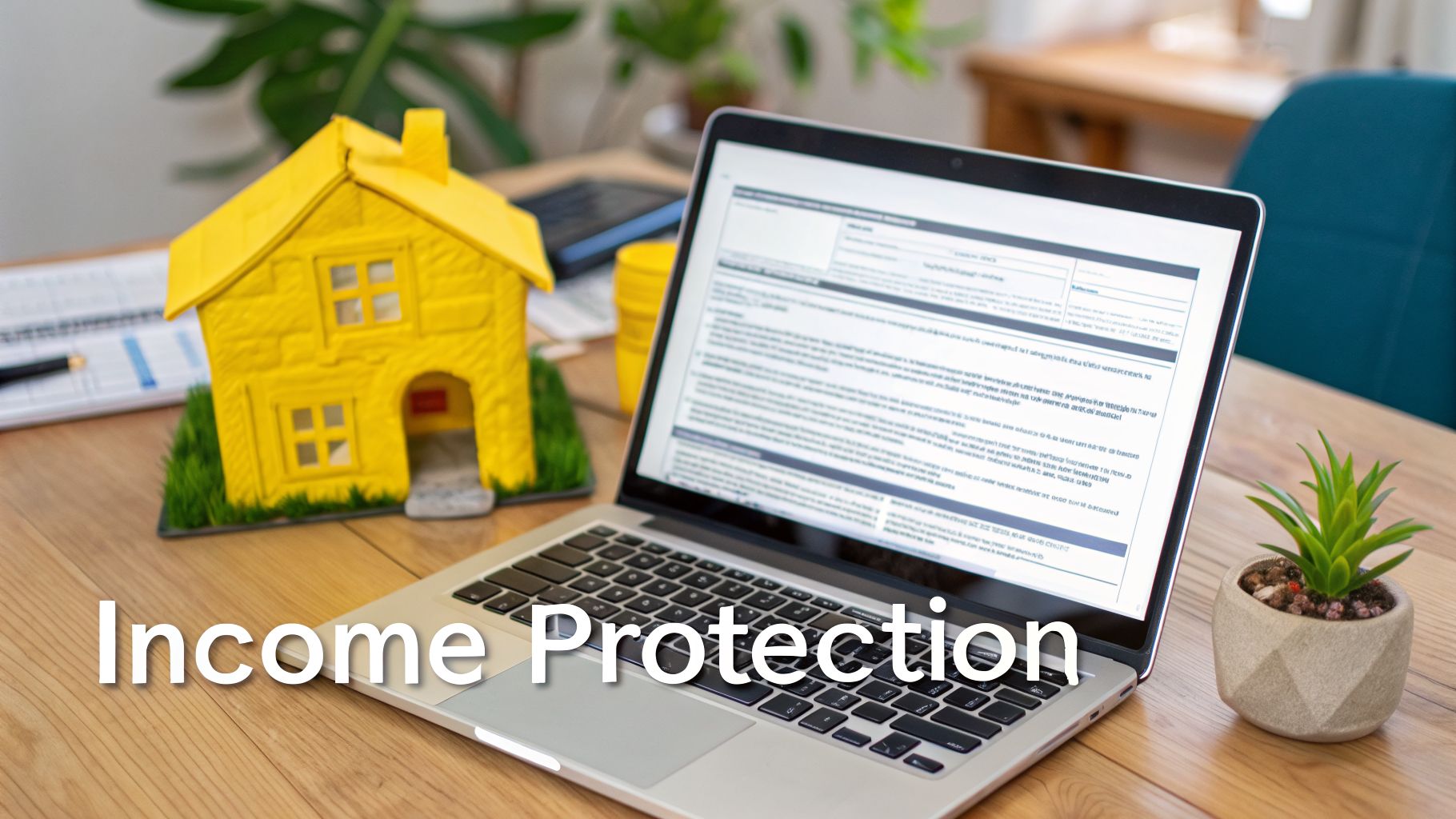 A yellow model house, laptop showing documents, and 'Income Protection' text on a wooden desk.