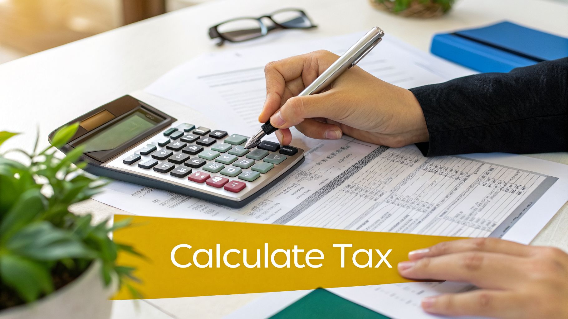 Hands working on tax calculations using a calculator and pen on a desk.