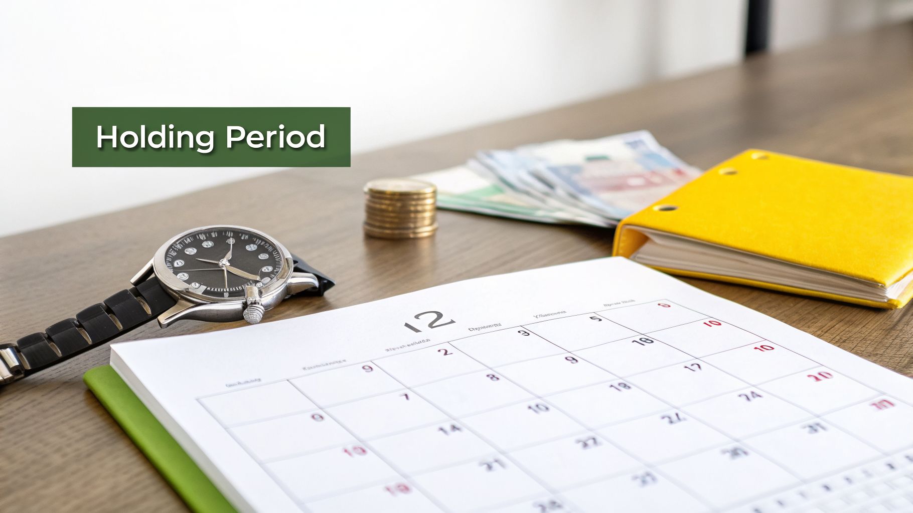 A desk with a watch, calendar, money, and a "Holding Period" banner, representing financial timelines.