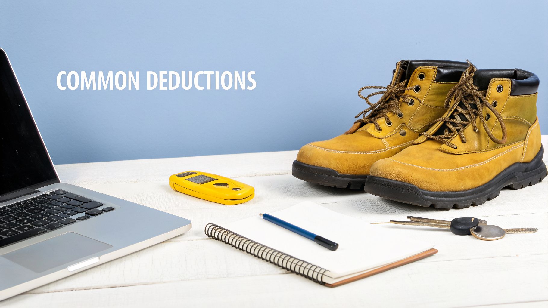 A laptop, yellow device, work boots, notebook, pen, and car keys on a desk with "COMMON DEDUCTIONS" text.