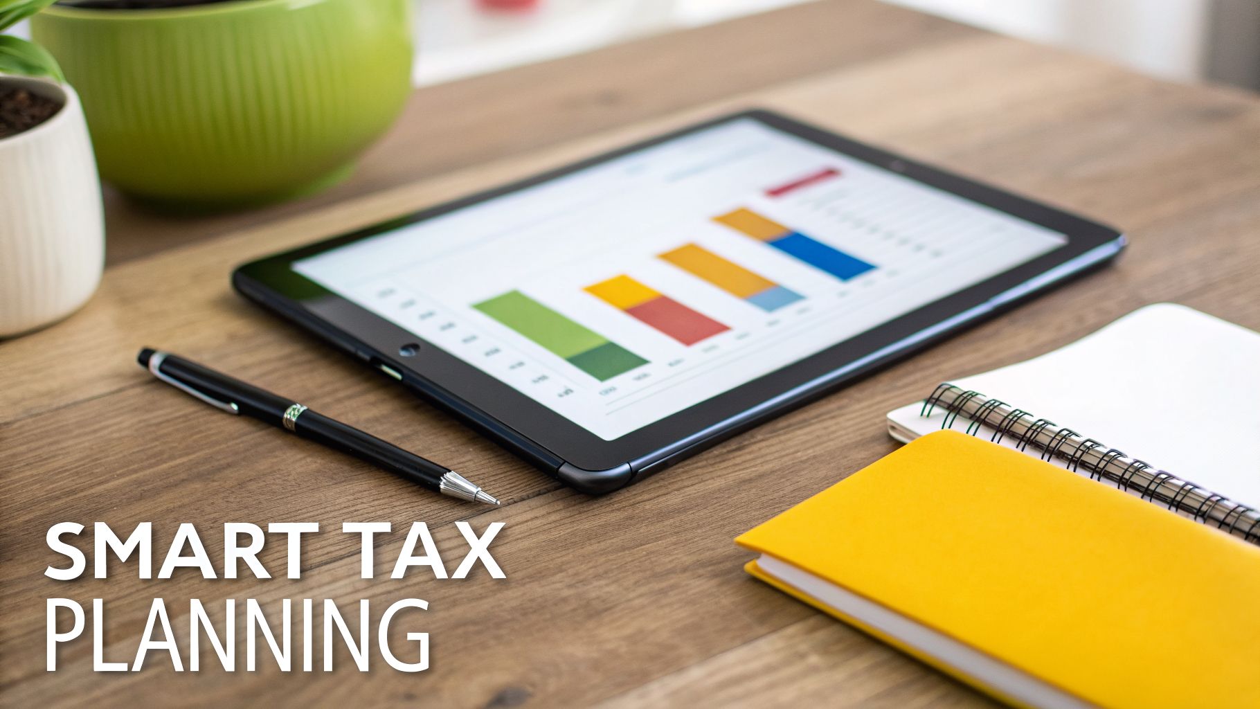 Tablet displaying financial charts, pen, and notebooks on a wooden desk with 'SMART TAX PLANNING' overlay.