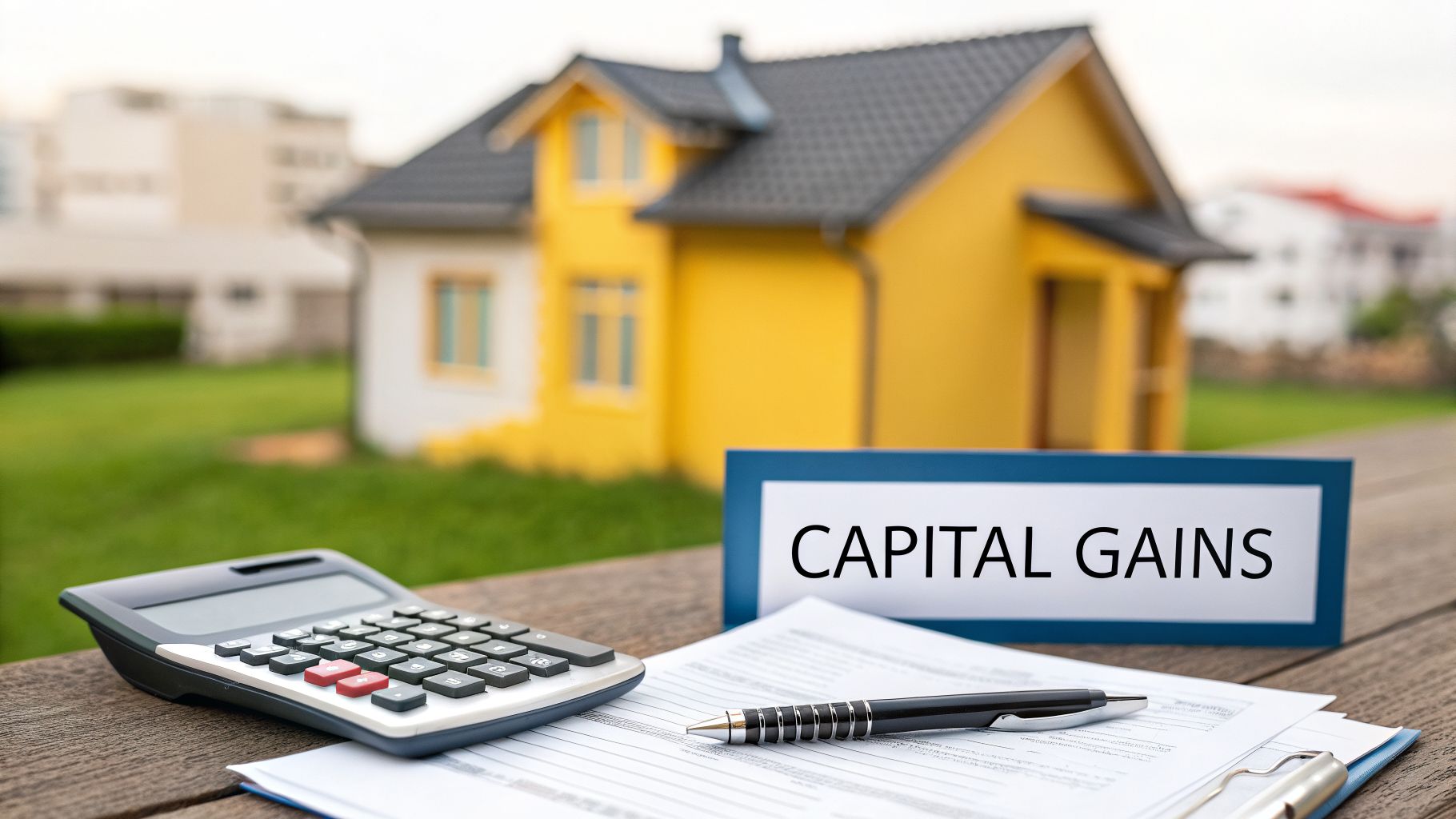 A calculator, pen, and papers on a wooden table with a 'CAPITAL GAINS' sign, with a yellow house in the background.