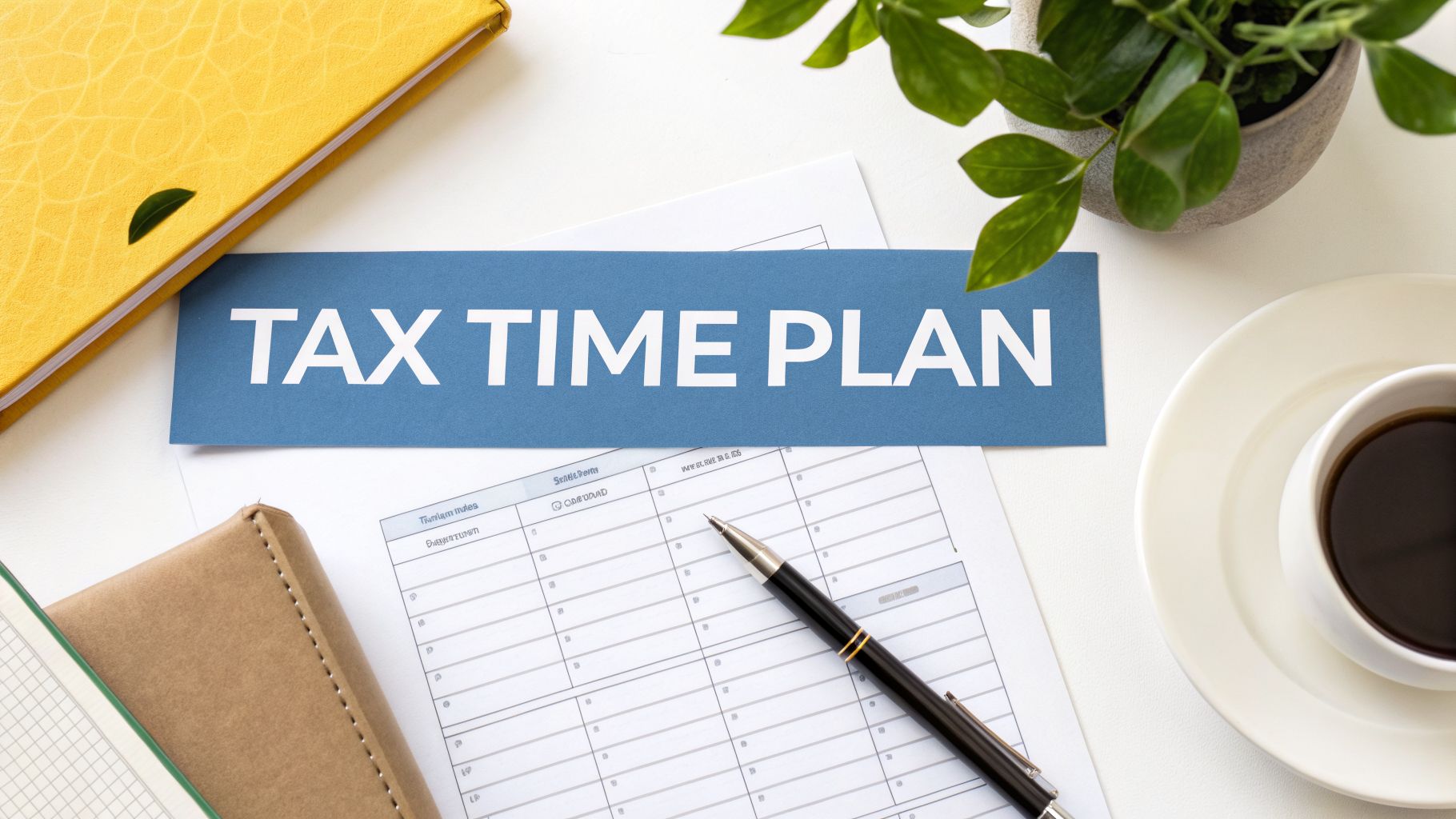 Overhead shot of a workspace with a 'TAX TIME PLAN' banner, financial documents, a pen, and coffee.