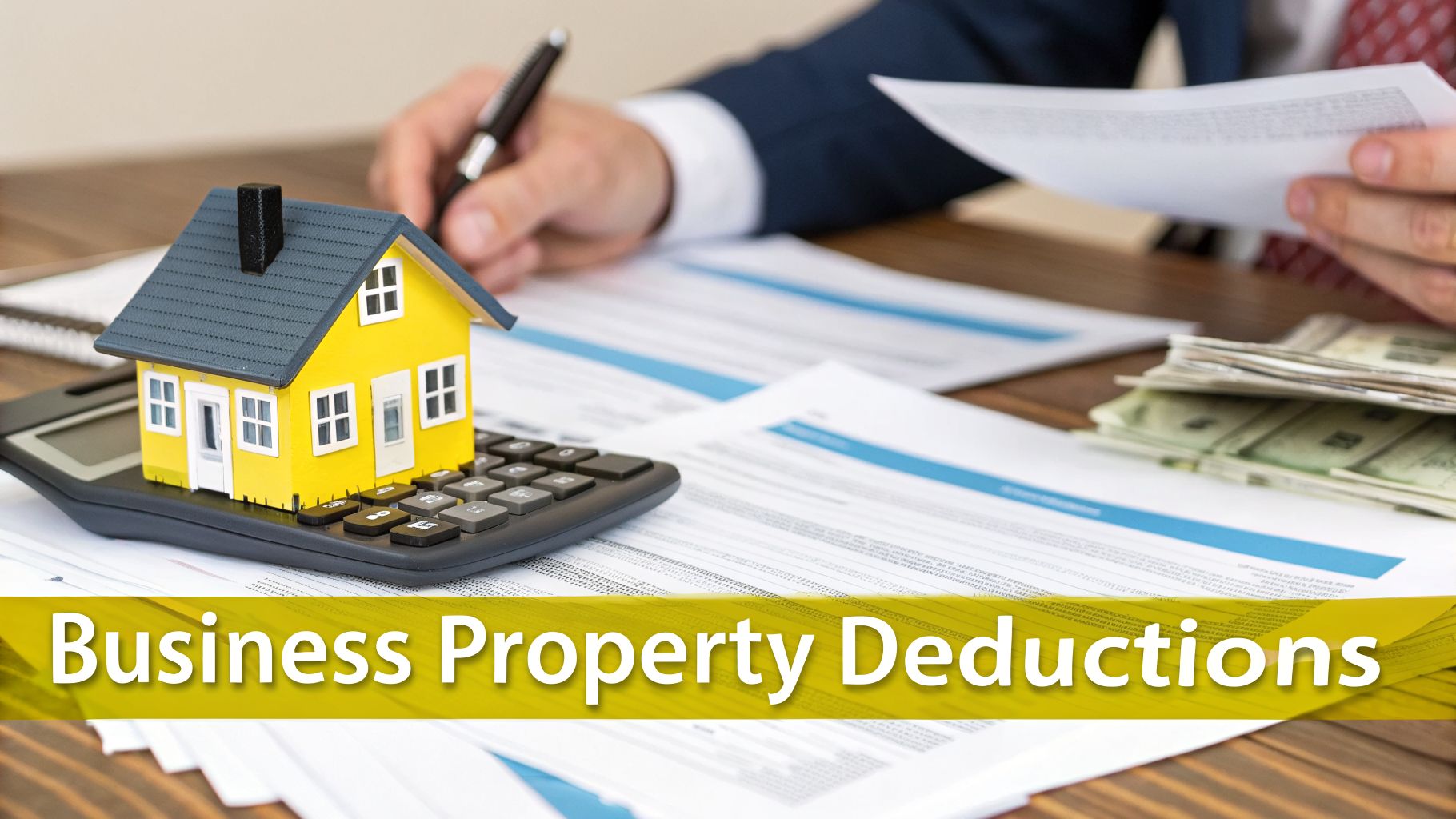 Hands writing on tax documents with a house model, calculator, and money for business property deductions.