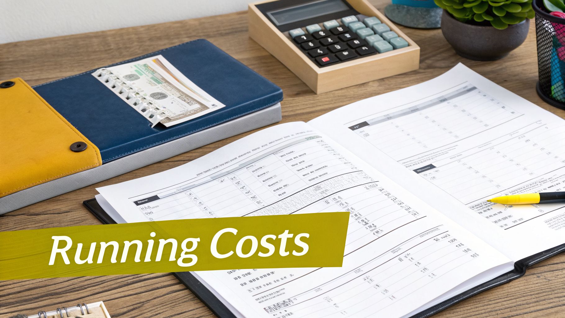 An open financial ledger, calculator, and money in a folder on a desk, with 'Running Costs' text.