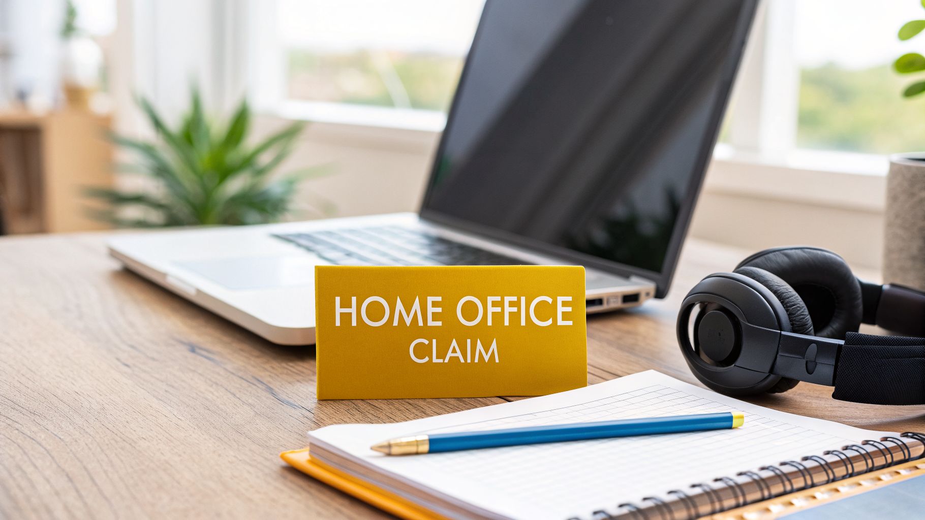 A yellow 'HOME OFFICE CLAIM' sign on a wooden desk with a laptop, headphones, and notebook.