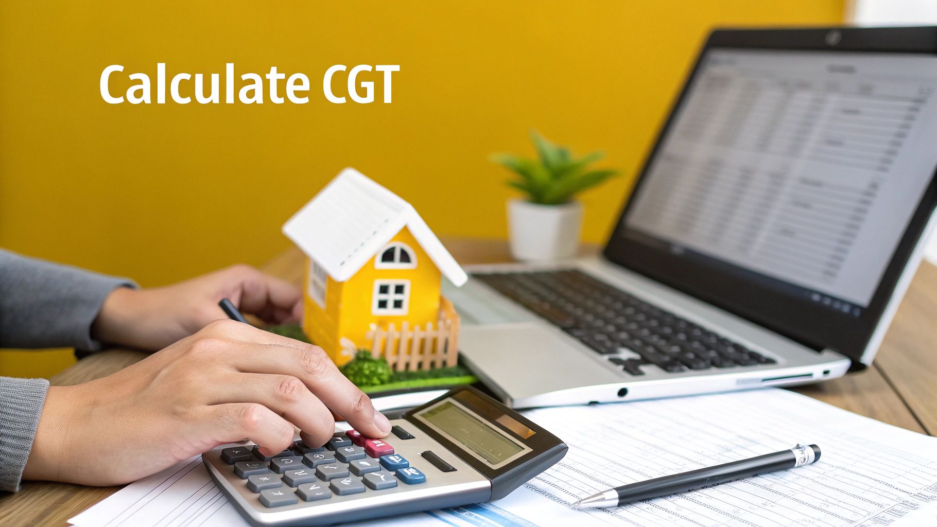 Hands using a calculator to calculate capital gains tax with a miniature house and laptop.