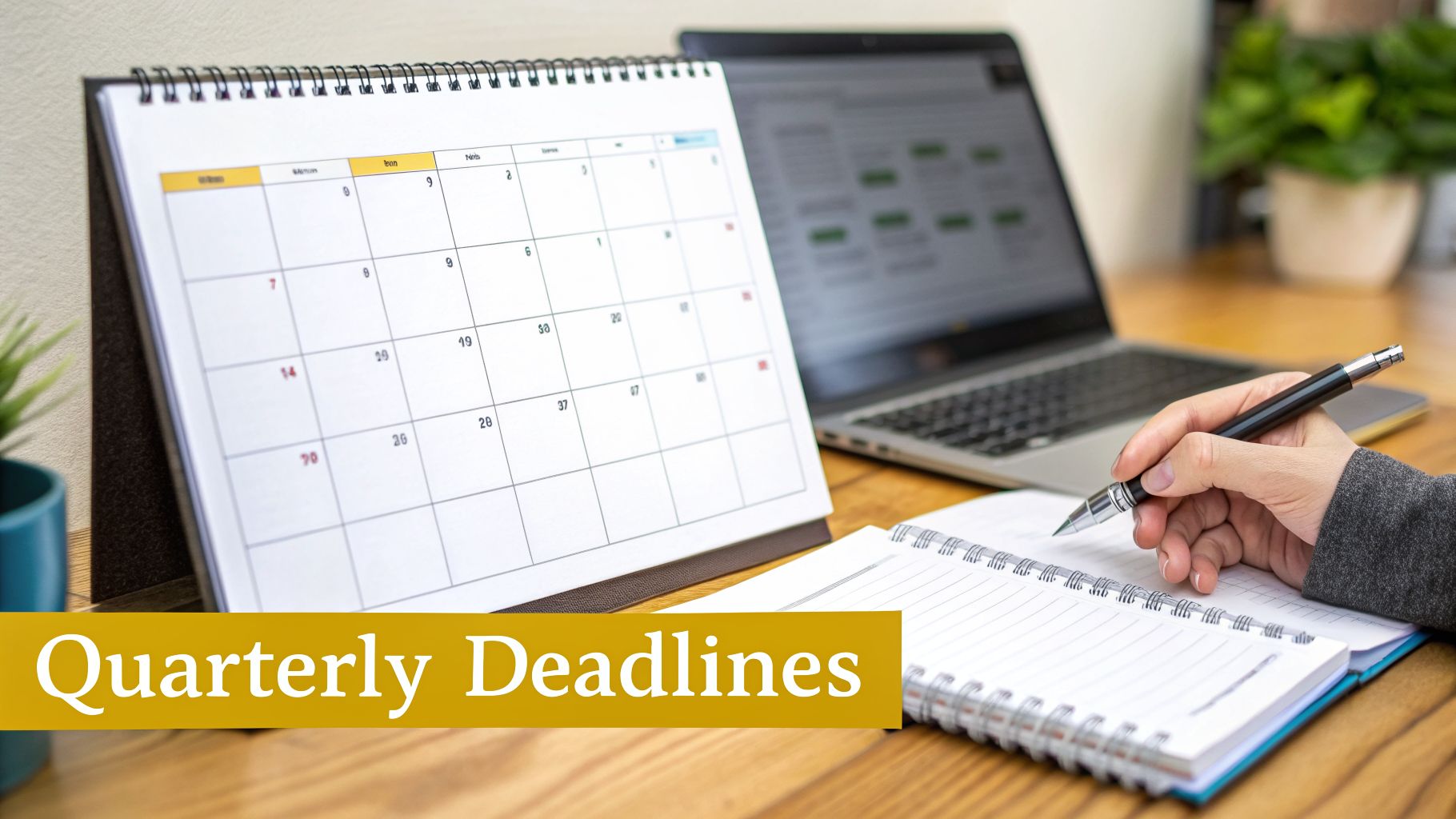 A person writes in a notebook with a pen, next to a desk calendar and laptop.