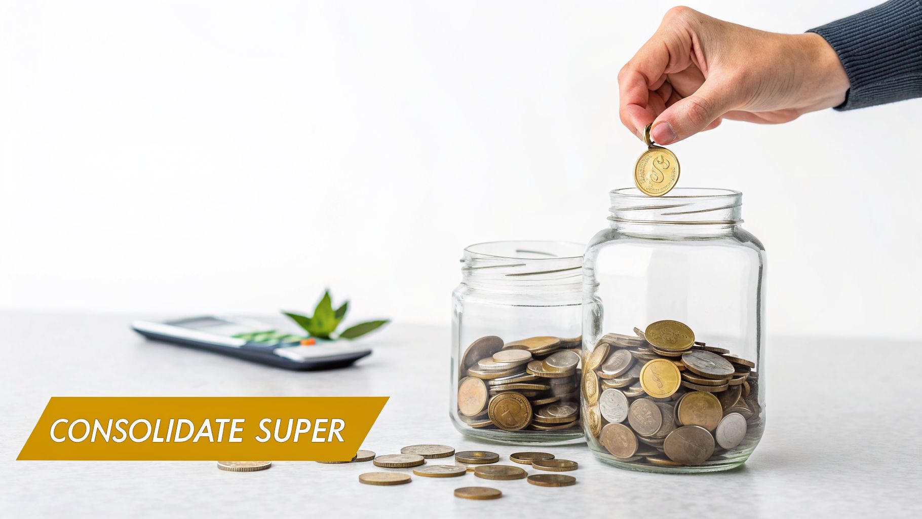 A hand puts a coin into a glass jar full of coins, next to another full jar, with 'CONSOLIDATE SUPER' text.