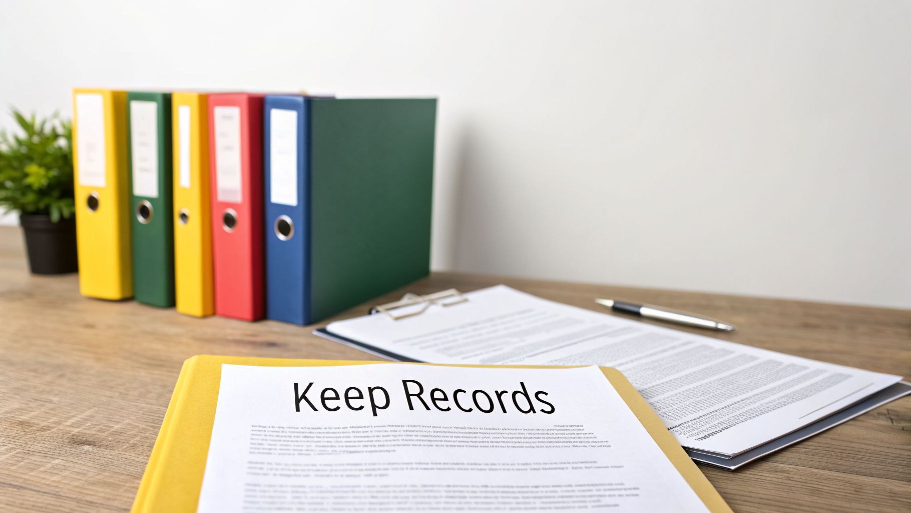 A desk with colorful binders, a green plant, and a document labeled 'Keep Records' in a yellow folder.