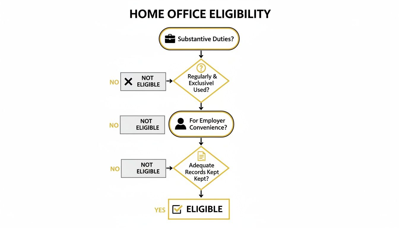 Flowchart detailing home office tax eligibility criteria based on duties, usage, employer convenience, and record keeping.