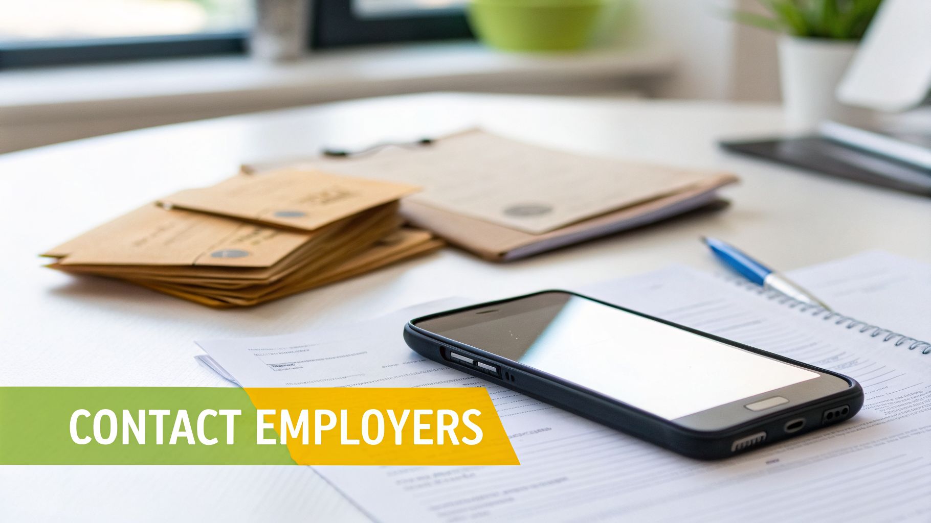 Desk with a smartphone, notebook, pen, and envelopes, with 'CONTACT EMPLOYERS' overlay.