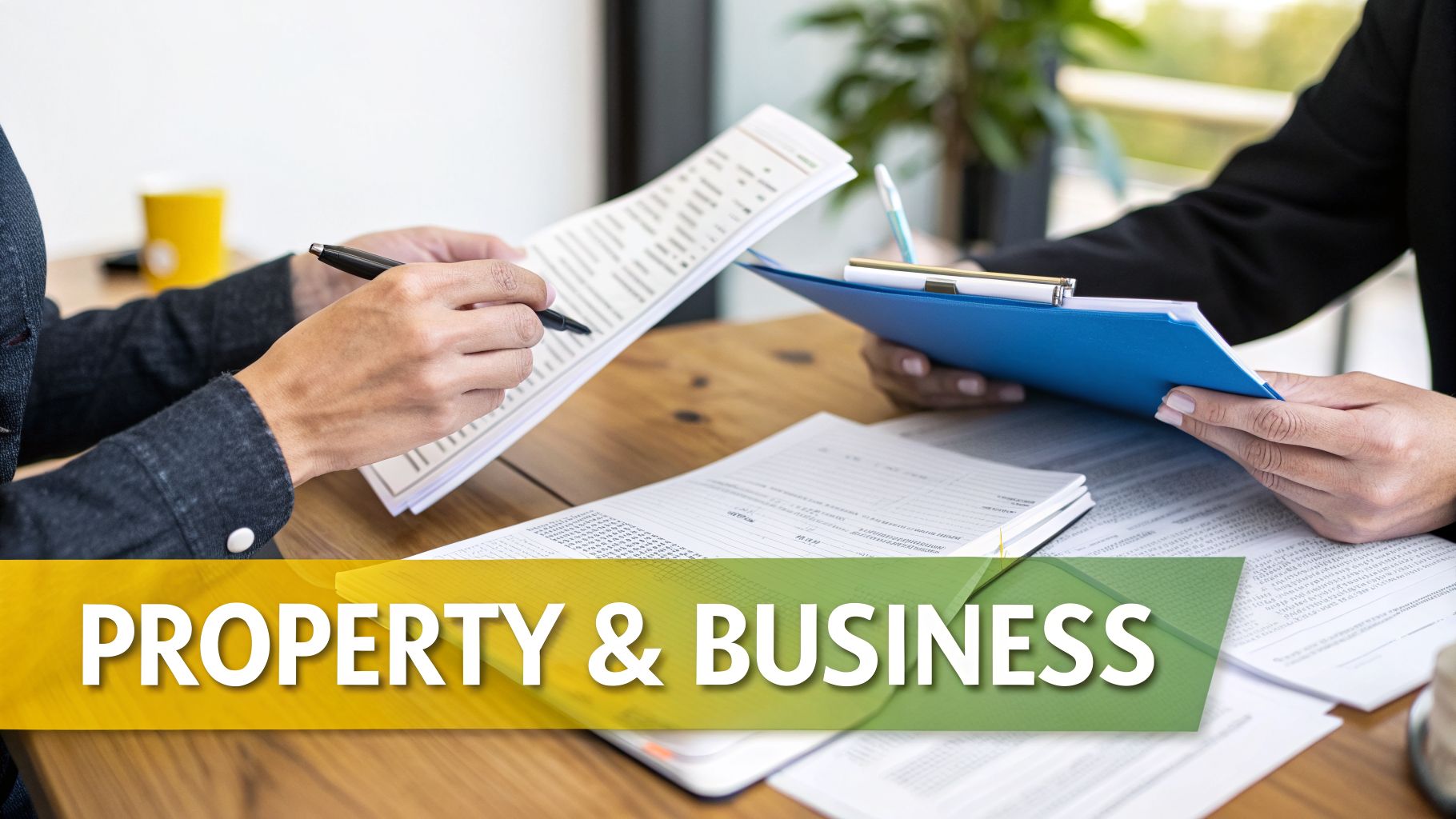 Two professionals reviewing documents and financial papers on a wooden desk, overlaid with "PROPERTY & BUSINESS".