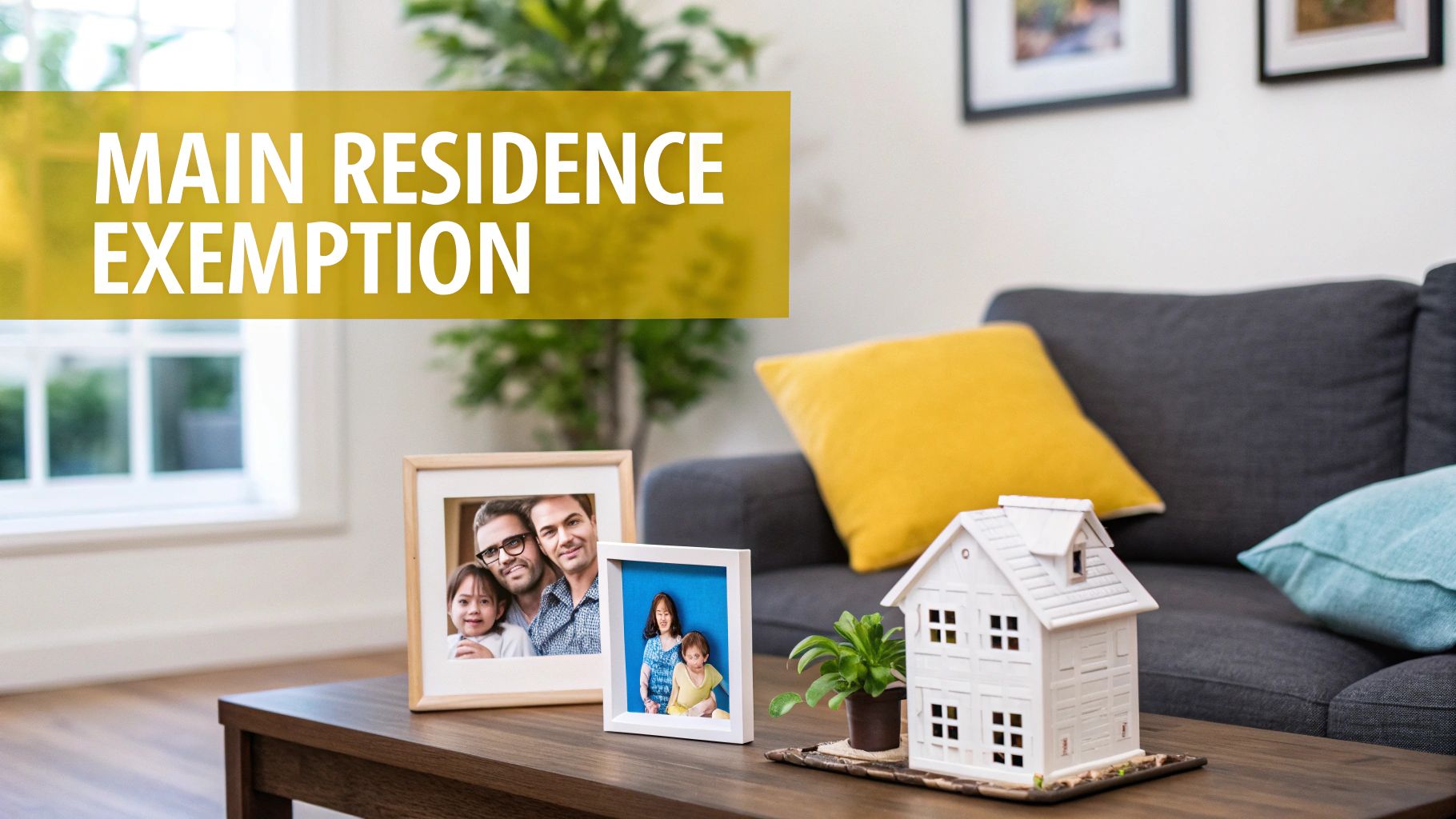 A living room scene with a small house model and framed family photos, featuring a 'Main Residence Exemption' banner.