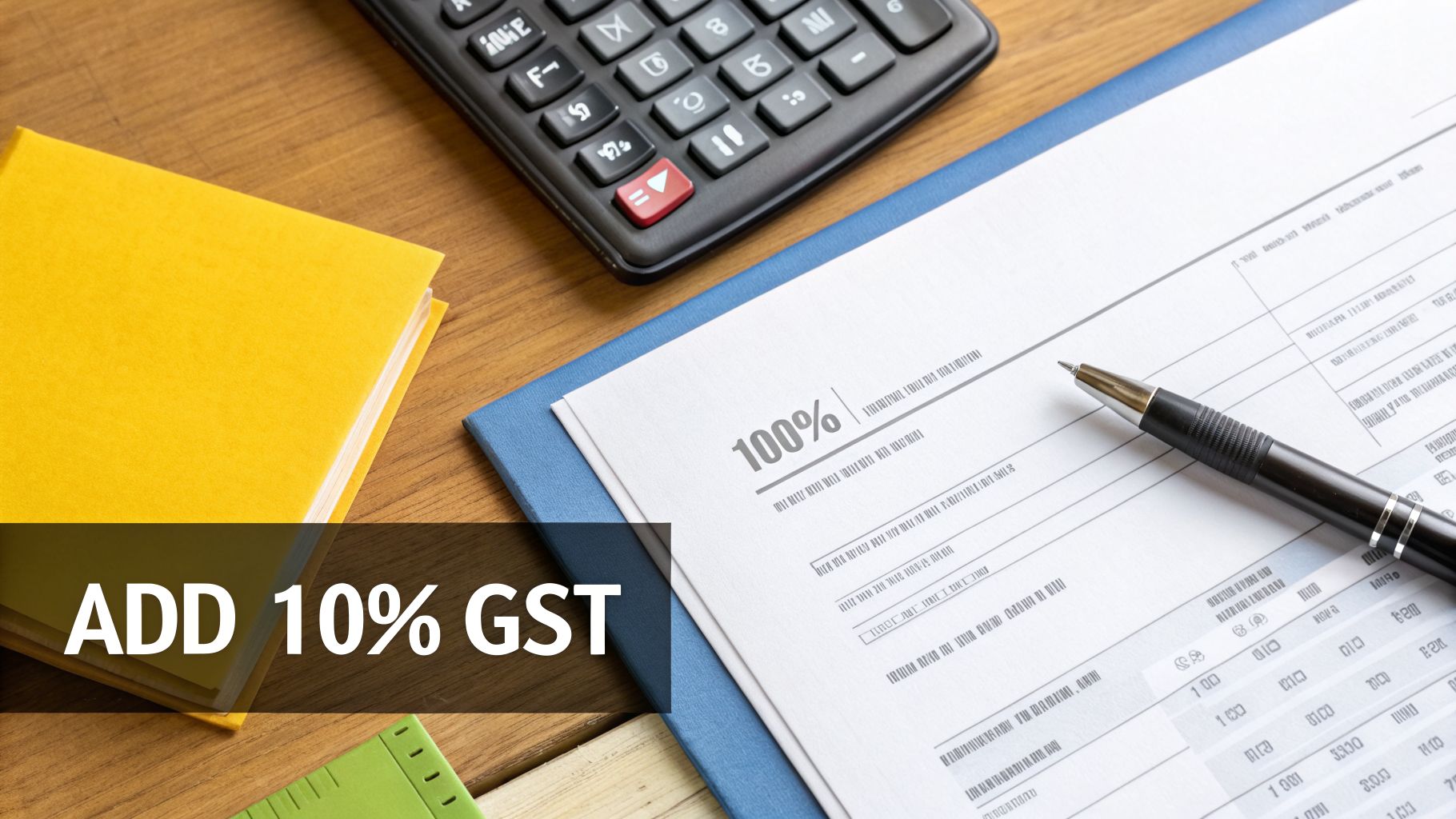 A desk with a calculator, document showing 100%, pen, and text 'ADD 10% GST'.