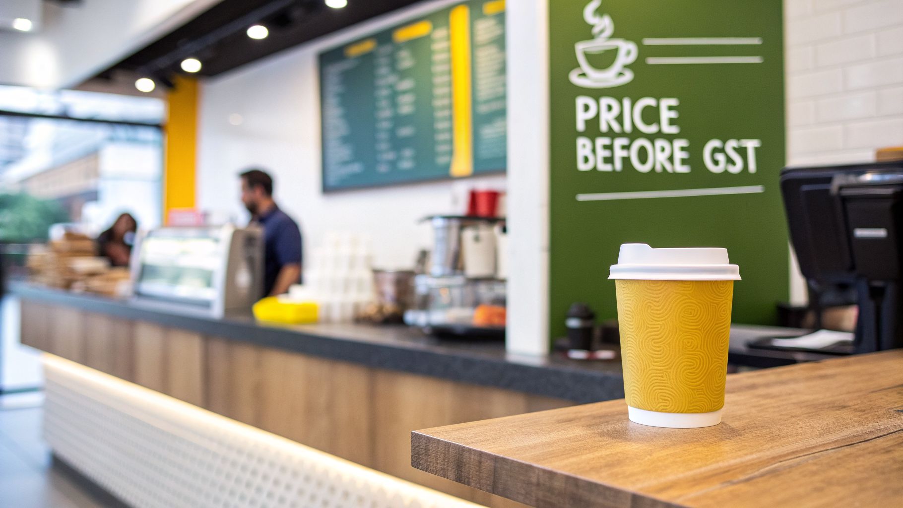 A vibrant coffee shop interior featuring a yellow patterned coffee cup on a wooden counter, with a barista and a "PRICE BEFORE GST" sign in the background.