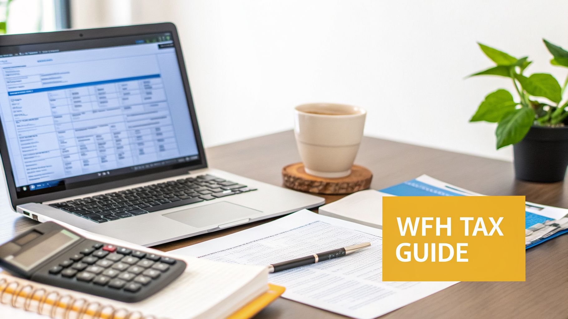 A home office desk with a laptop, calculator, documents, and coffee cup, illustrating a WFH tax guide.