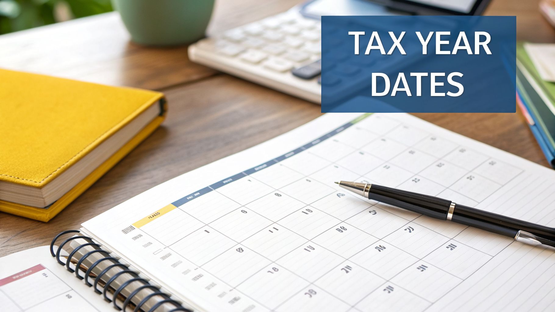A desk with an open calendar, a pen, and a 'TAX YEAR DATES' overlay, suggesting financial planning.