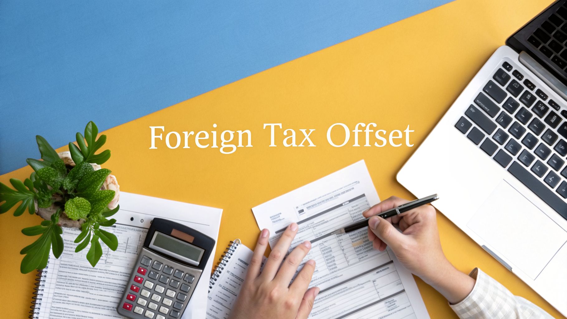 Hands reviewing foreign tax offset forms on a desk with a laptop, calculator, and plant.