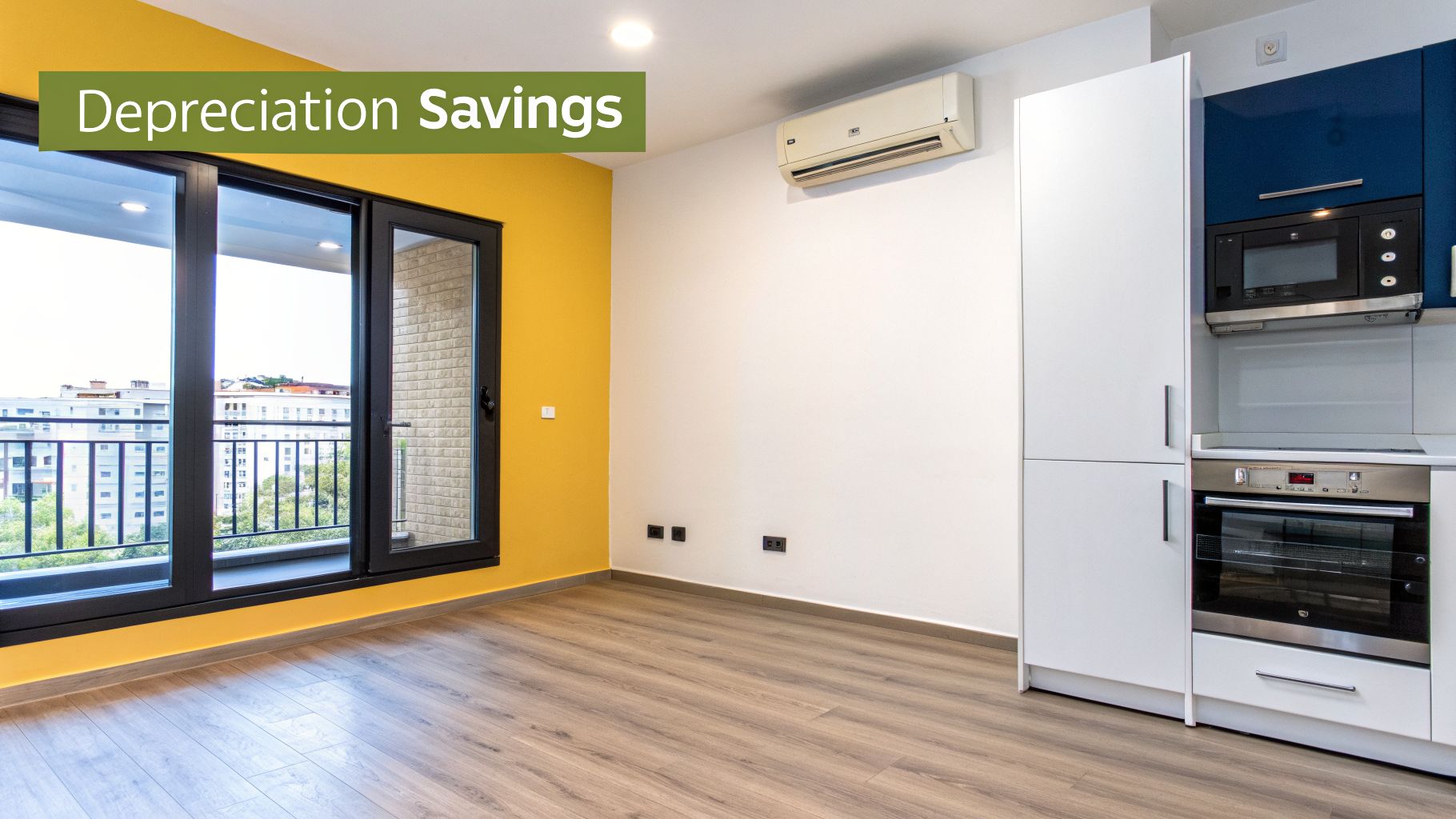 Modern studio apartment featuring a yellow accent wall, kitchen appliances, and balcony access.