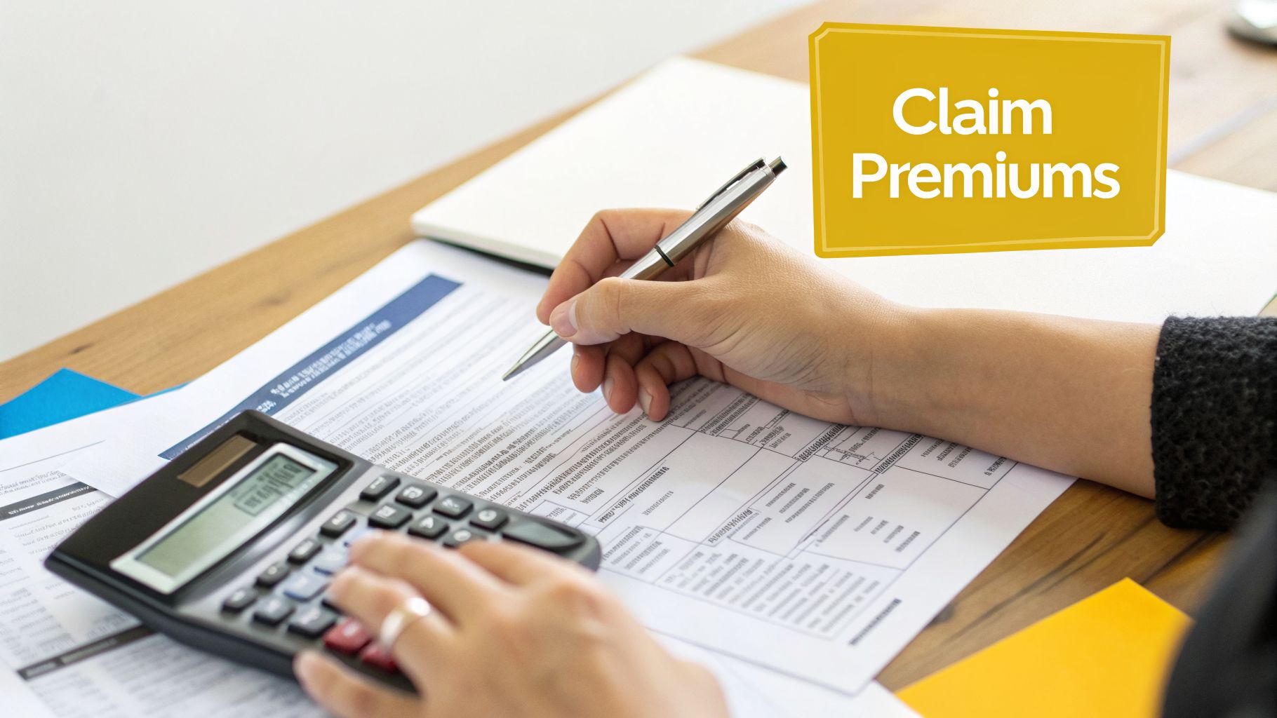 Hands using a calculator and pen on financial documents, with a 'Claim Premiums' overlay.