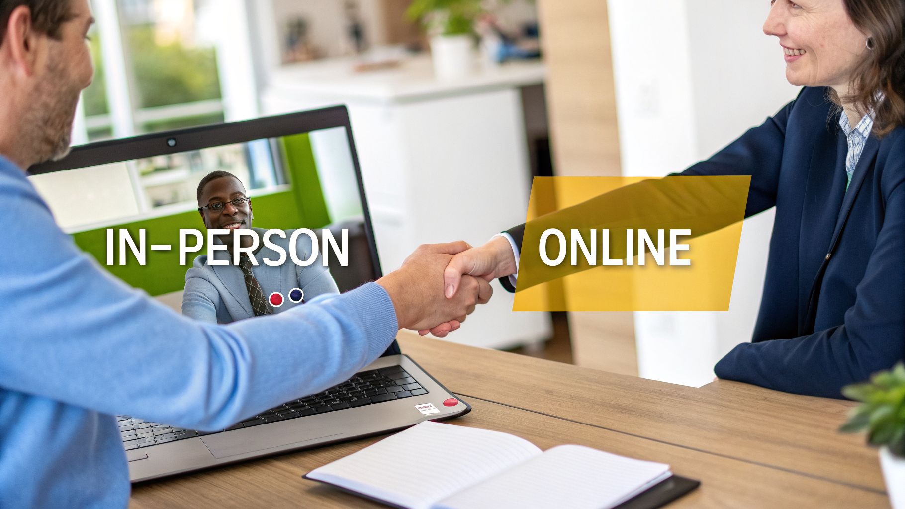 Two people shaking hands across a laptop with a third person on screen, representing hybrid meetings.