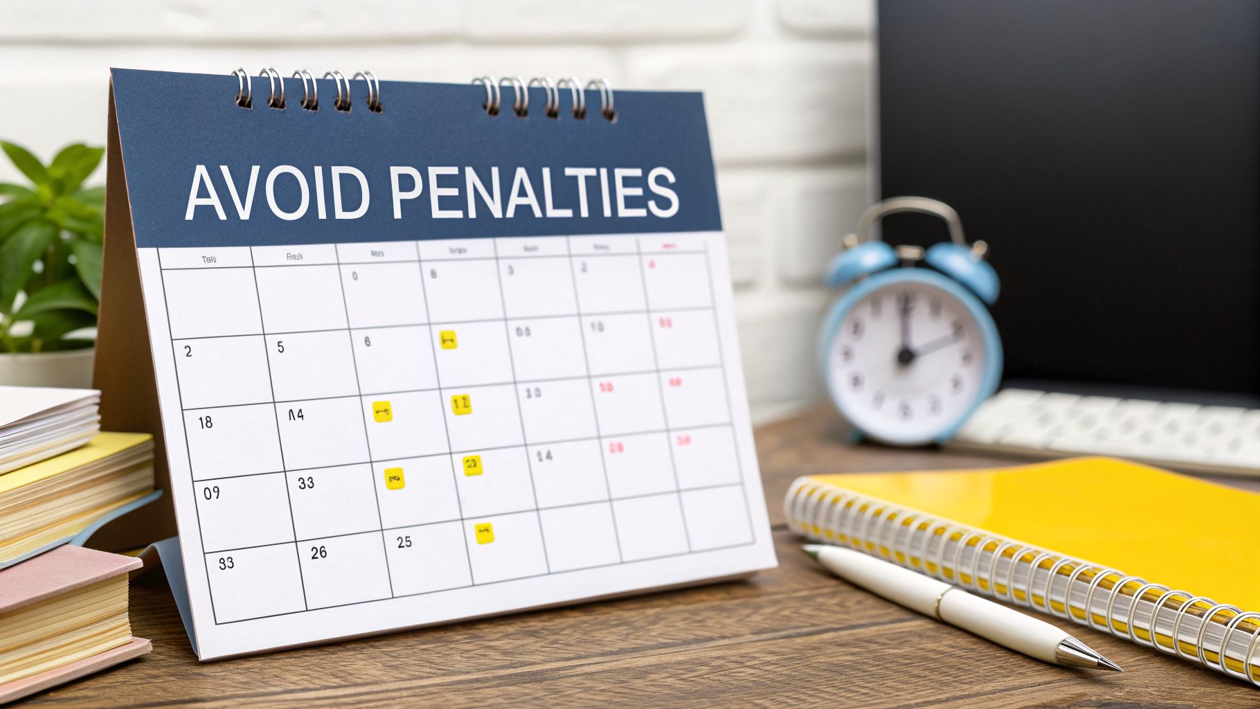 A desk calendar showing 'AVOID PENALTIES' prominently, surrounded by notebooks and a clock on a wooden table.