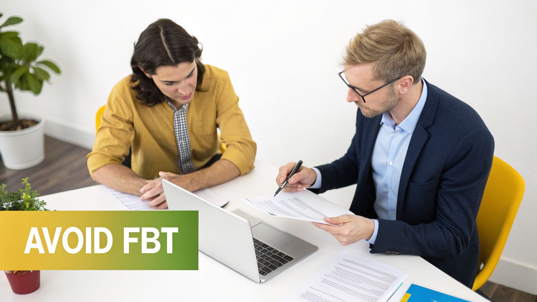 Two men discuss documents and a laptop at a desk with an 'AVOID FBT' banner.