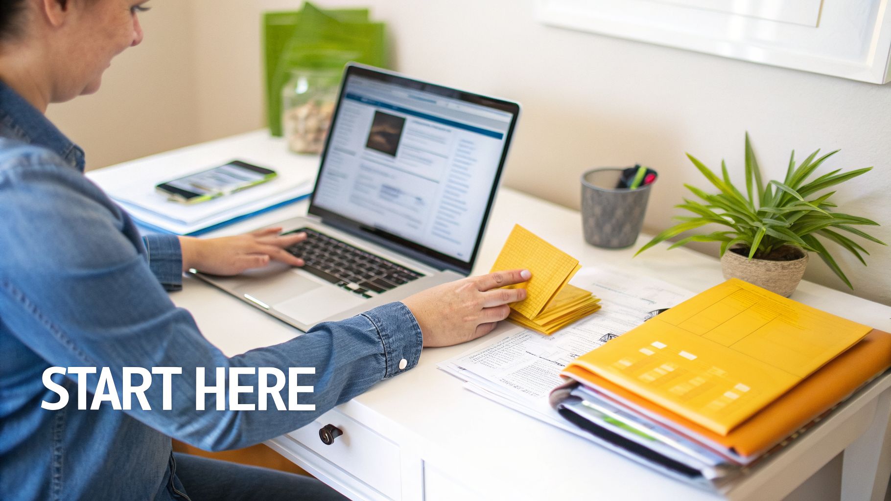 A woman works at a white desk on a laptop, surrounded by documents and office supplies.