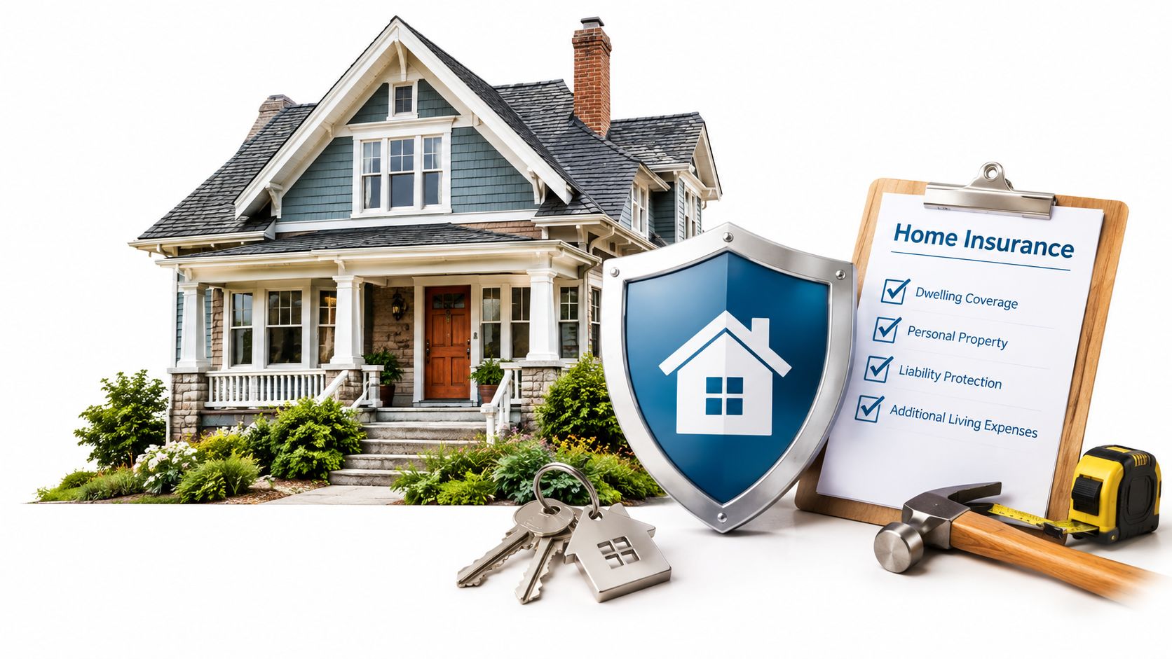 A house illustration, insurance shield, clipboard, keys, hammer, and measuring tape representing home insurance coverage.