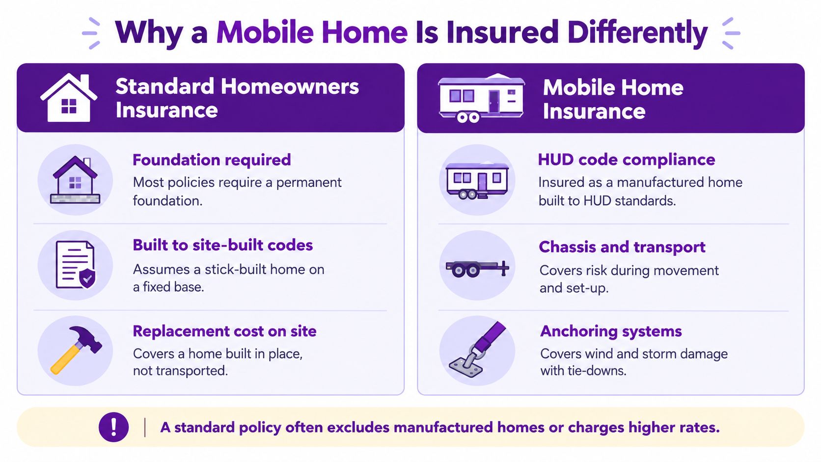 A comparison chart explaining the key differences between standard homeowners insurance and mobile home insurance policies.