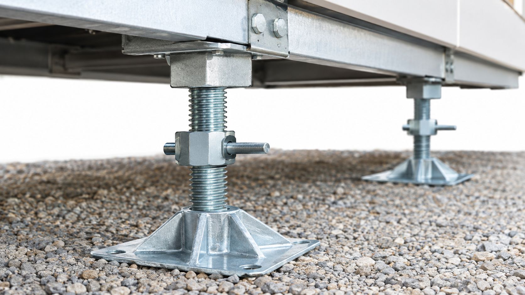 A close-up view of adjustable metal foundation jack stands supporting a modular building on a gravel base.