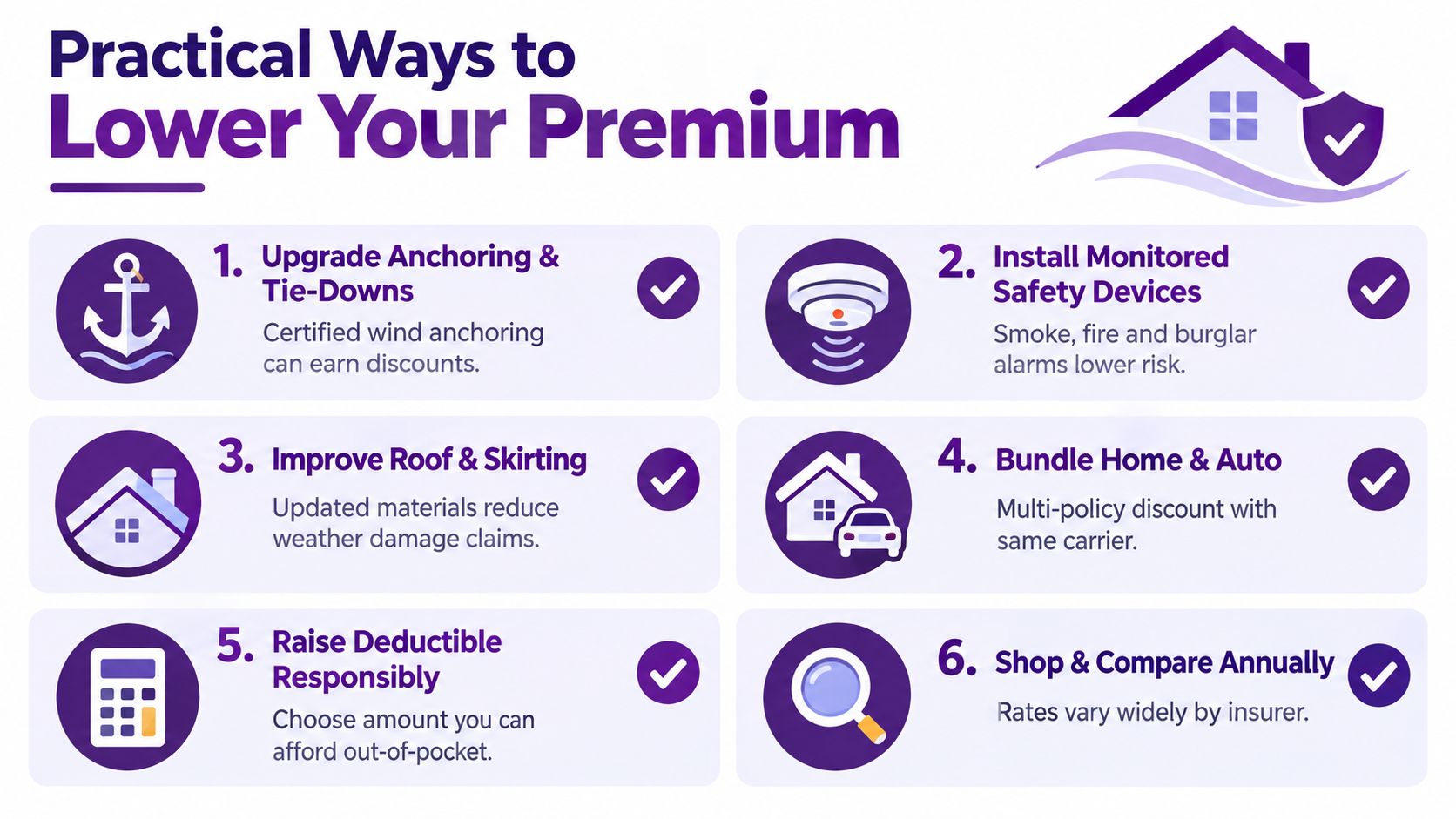 An infographic titled Practical Ways to Lower Your Premium, featuring six tips for reducing home insurance costs.