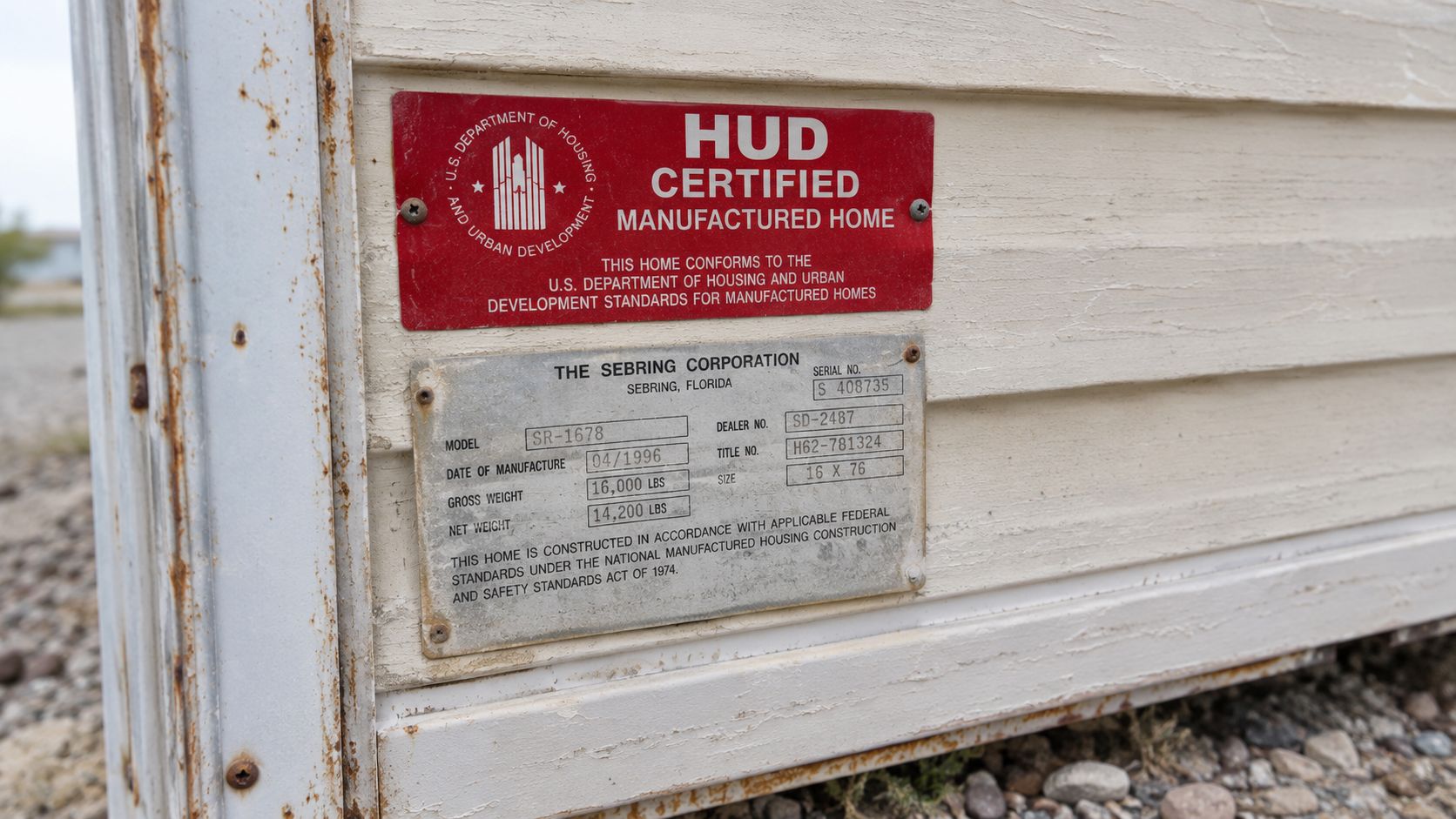 A close-up view of a HUD certified manufactured home compliance plate on a mobile home exterior.